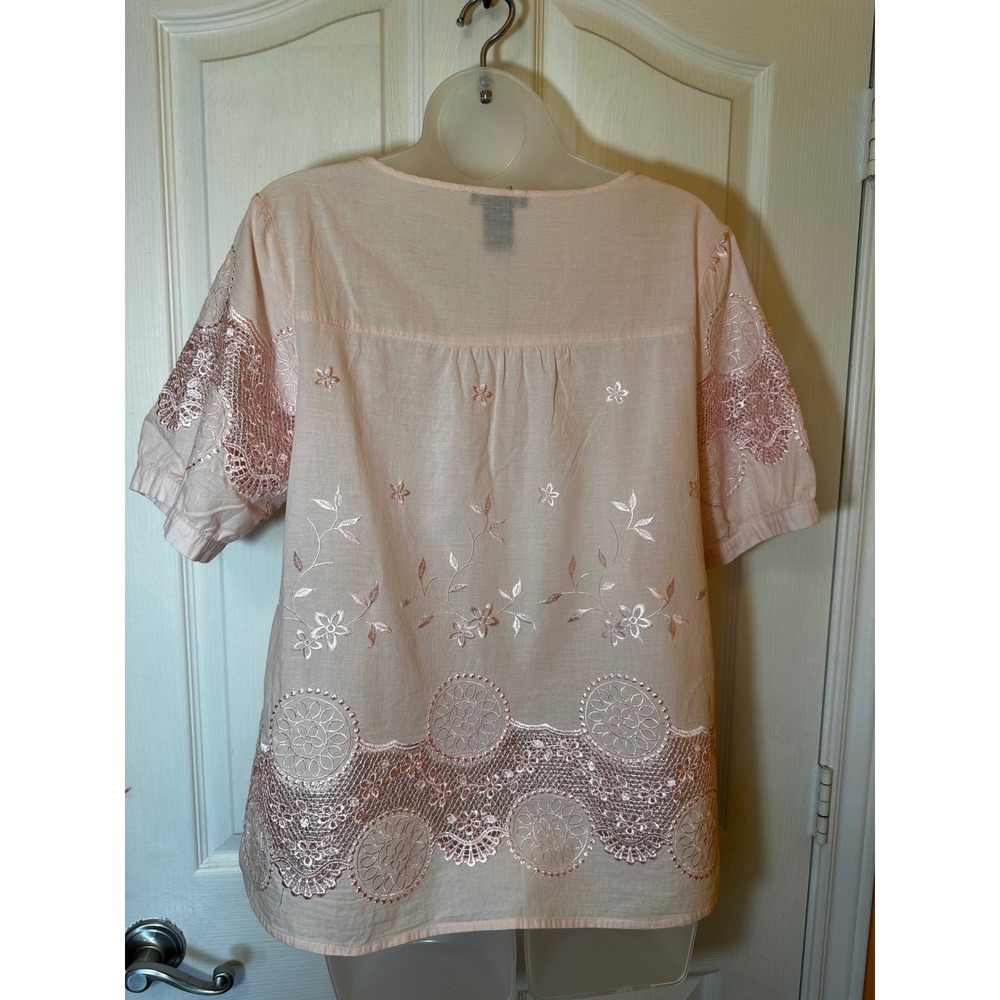 Lauren Michelle Pink Cotton Embroidered Crochet Lace Blouse Top Medium - Picture 2 of 6